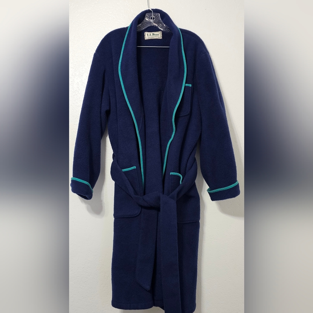 L.L. Bean Fleece Robe Men’s M/L Blue Teal Trim Belted Vtg Sherpa Bathrobe